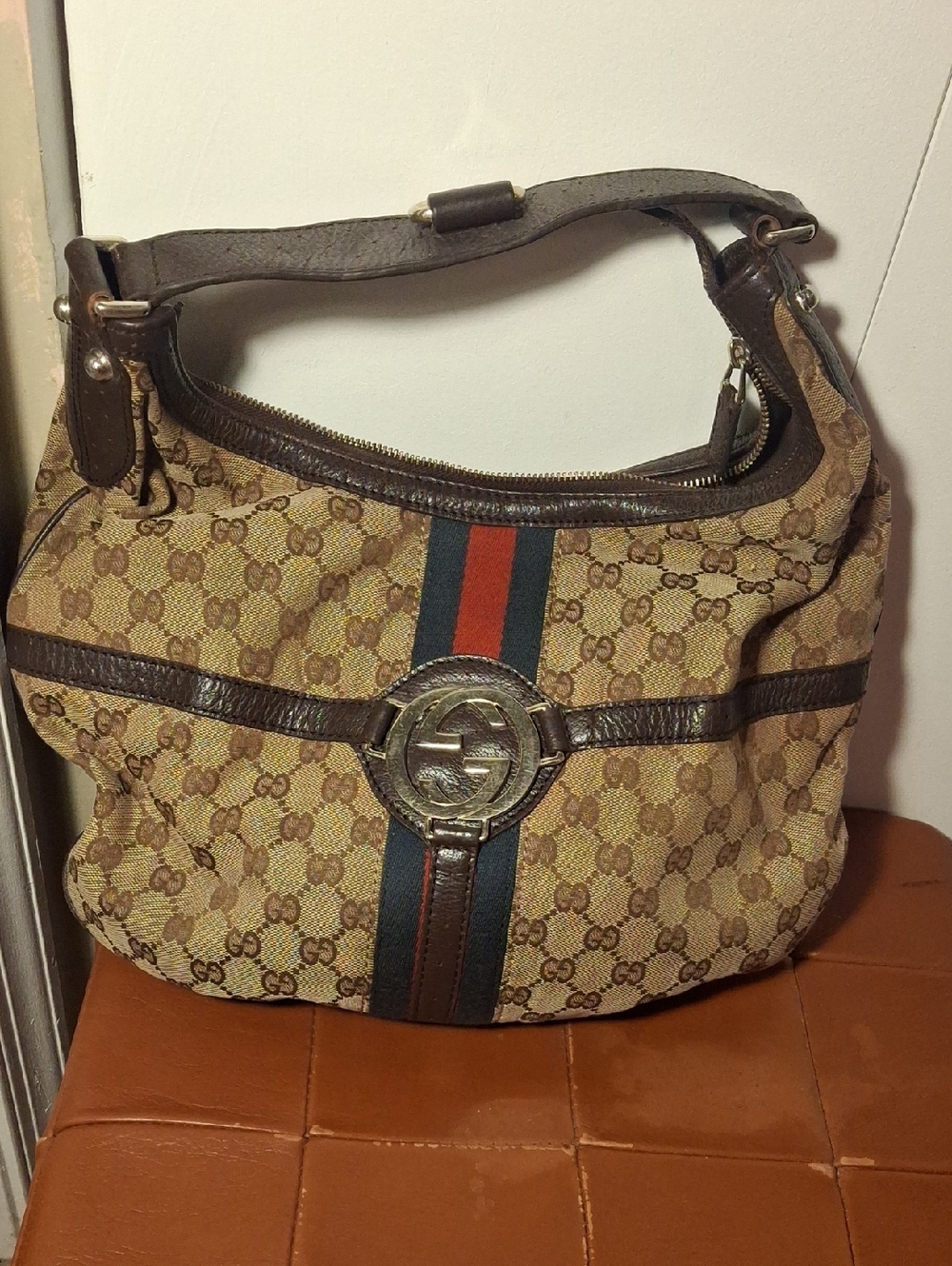 Gucci Beige Brown Monogram Shoulder Bag with Red-Green Stripe
